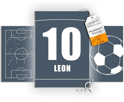 Vacentures Kinderzimmer Fußball Poster Personalisiert I Fussball Bilder Spielfeld für Jungen und Mädchen I 3x Poster DIN A4 - Set (Blau/Weiss, Spielfeld)