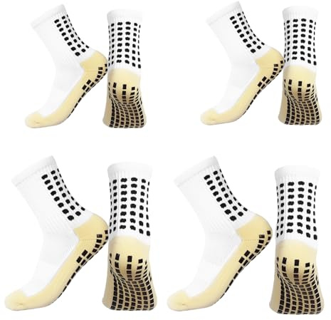 4 Pairs Football Grip Socks, UK Size 5.5-10.5 White Running Socks, Mens