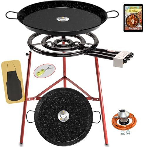 COMBOI Kit Paellero Pro-E 53 cm, Bruciatore a gas butano-propano, Paellera smaltata 70 e 42 cm, Regolatore, Tube, Gambe rinforzate, Livello, Grembiule, Libro ricette digitali