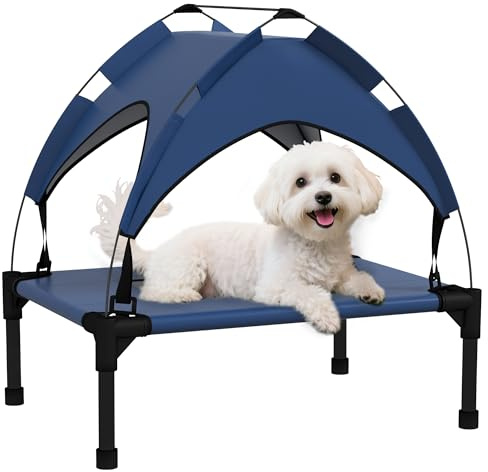 PawHut Erhöhtes Hundebett mit Baldachin, Haustierbett, Outdoor Hundeliege mit Dach, Atmungsaktiv, für Mini- und Kleinhunde Dunkelblau Oxford 61 x 46 x 63 cm