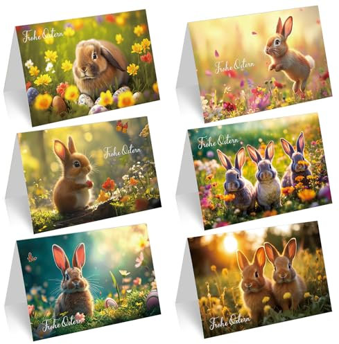 COCHIE 12er-Set Osterkarten mit Umschlag, Frohe Ostern-Grußkarte mit Lebhaftem, Niedlichem Hasen, Exquisites Set mit Gefalteten Ostergrußkarten im A6-Format