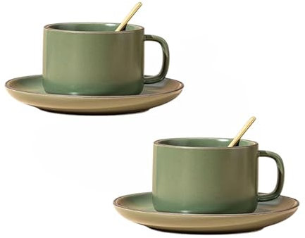 Modern Ceramic Coffee Cup Set of 2-250ml Minimalist Cups & Saucers with Spoon, Microwave & Dishwasher Safe, Ideal for Afternoon Tea, Cappuccino, Flat White Coffe or Office Use (Green)