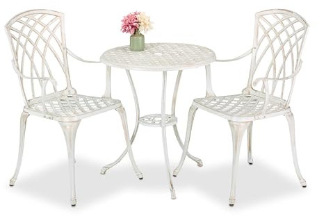 Relaxdays Gartenmöbel Set, 3-teilig, Tisch & 2 Stühle, Aluguss, Balkonmöbel Antik-Design, Garten Sitzgruppe, weiß/Bronze