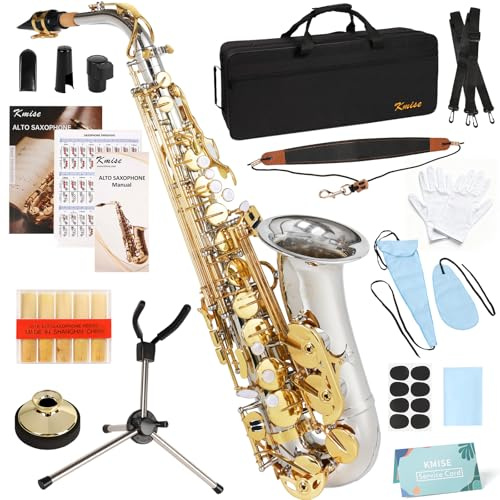 Kmise E Flat Alto Saxophone, Lightweight Saxophones for Students Beginner, Saxofon Full Kit with Portable Case, Sax Stand, Neck Strap, Reeds, Beginner's Guides, Mute, Cleaning Kit (Silver Gold)