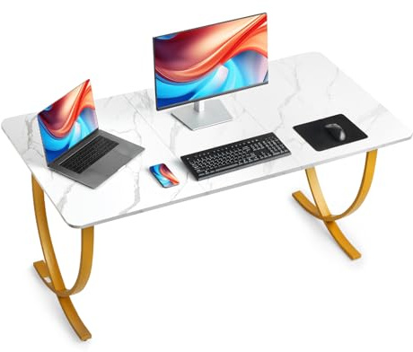 VEVOR Scrivania per Computer da Ufficio, Piano 160 x 80 cm, Tavolo da Lavoro Moderno con Struttura in Metallo e Capacità di 158 kg per Ufficio in Casa, Studio, Camera da Letto, Bianco Oro