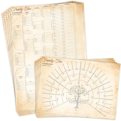 Templatables Carteles de árbol genealógico para rellenar, pósteres de ascendencia A3 (6 y 8 generaciones), paquete de 10 tablas genealógicas de doble cara, papel grueso de calidad, plegado a A4