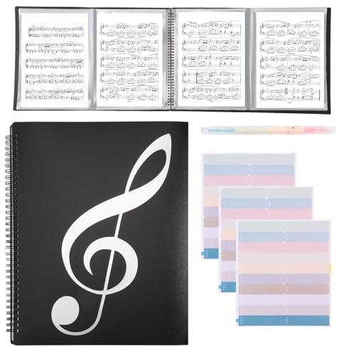 CONCHLERY 4 Pages Expand Sheet Music Folder 60 Pockets Piano Music Folder Waterproof Band Flip Storage Clip for Sheet Display with 60 Pcs Index Tabs and Pen, 12.7x10 inch