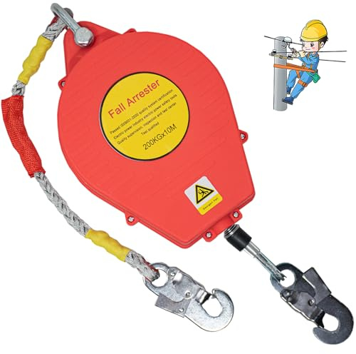 BOVDC Dispositivo Anticaduta Retrattile Certificato 10m, Imbracatura di Sicurezza Anticaduta Tetto con Gancio Autobloccante, 200kg Dispositivo Sicurezza Anticaduta Tetto/Lavoro Aereo(1 Pezzo,10m)