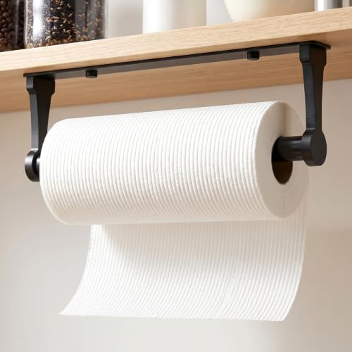 YUET Kitchen Roll Holder under Cabinet, Adhesive or Screw Fixed Options Kitchen Roll Holder Wall Mounted, Aluminum Alloy Paper Towel Holders for kitchenette, Bathroom, Living Room, Black