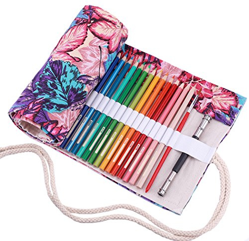 Amoyie Roll Up Pencil Case for 48 Coloured Pencils, Canvas Artist Wrap, Colouring Pens Holder, Maple Leaves