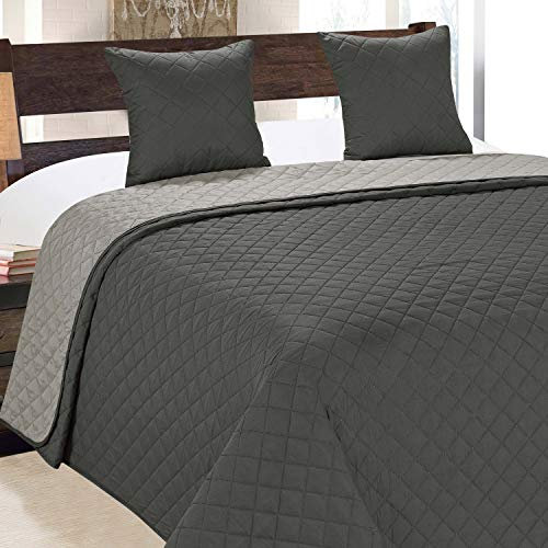 Euromat Tagesdecke Steppdecke Bettüberwurf Gesteppte Zweiseitig Tagesdecke mit 2 Kissenbezüge 40x40 cm- (Dunkelgrau Silber- 10, 220x240 cm)