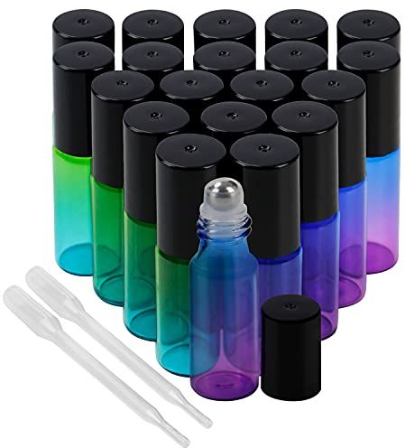 BELLE VOUS 20er Set Blau Grüne Roll On Glasflaschen für Ätherisches Öl mit Tropfer - 5 ml Glasflaschen zum Befüllen, Schwarzer Deckel & Edelstahl-Kugeln für Aromaöle, Parfüm & Deoroller zum Befüllen