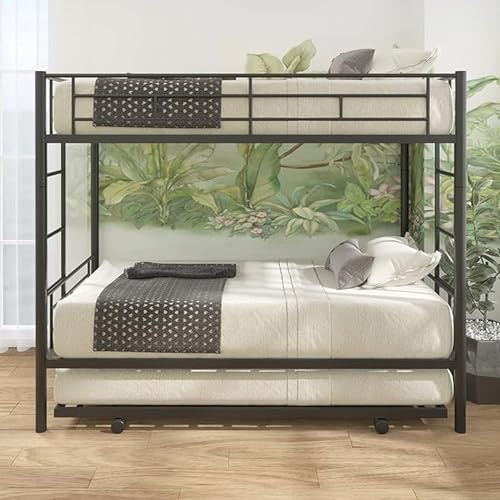 HomJoones Metal Bunk Bed Frame,Twin Over Twin Metal Bunk Bed with Trundle Heavy Duty Twin Size Metal Bunk Beds Frame with 2 Side Ladders Convertible Bunkbed with Safety Guard Rails (Black)