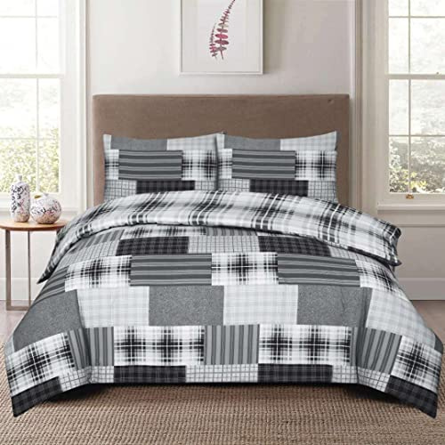 Householdfurnishing Reversible Complete Bedding Set 4 Pieces Duvet Cover Cotton Rich Bed Set Fitted Sheet And Pillow Case (Check Grey, Double)
