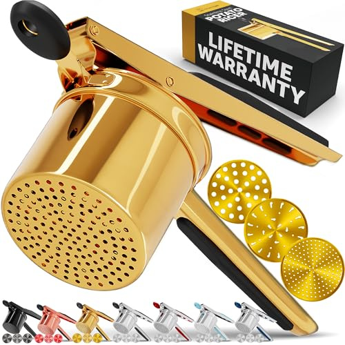 PriorityChef Large 15oz Potato Ricer With 3 Discs, Heavy Duty Stainless Steel Potato Ricer for Mashed Potatoes, Potato Masher, Press and Ricer Kitchen Tool, Gold Steel Black Silicone