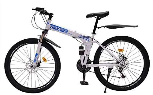 lalaleny 26 Zoll Faltbar Mountainbike Fahrrad für Mädchen Jungen Herren und Damen Einstellbare Höhe 21 Gang Schaltung Fahrrad mit Schutzblechset (Blau Weiß)