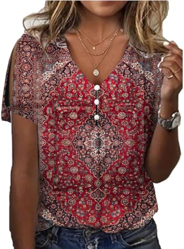 GRMLRPT Långärmad damtröja toppar långärmad vårblusar t-shirts v-ringad tunika toppar tryckt blus elegant avslappnad skjorta (flerfärgad, S-XXL), Kortärmad röd, M