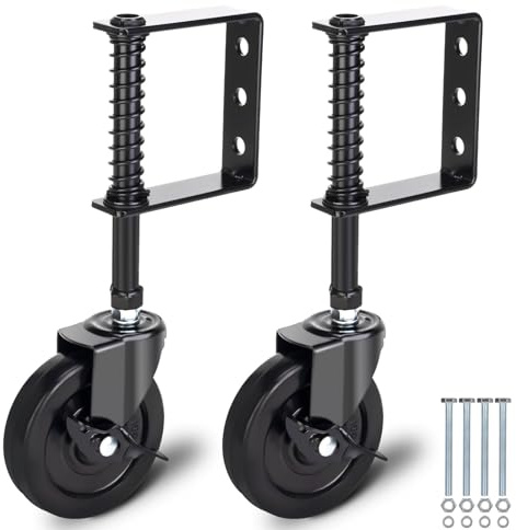 4 Inch Heavy Duty Gate Wheel with Brake, Spring Loaded Gate Caster Wheel, Farm Gate Support Wheel, Outdoor Gate Helper for Wooden PVC Fences, Gate Caster Kit with 360° Swivel, 220 Lbs Capacity, 2 Pack