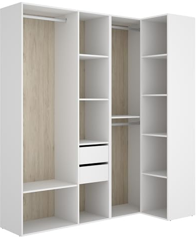 DEKIT GRUPO RIMOBEL SUIT - Composizione di armadio-vestito angolare con due cassetti – BIANCO/ROVERE NATURALE – 205 x 182,5 x 79,5 cm