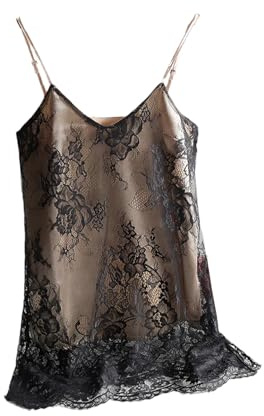 Top sexy in pizzo con spalline sottili da donna halter con scollo a V basic canottiera senza maniche in raso di seta tank top canottiera estiva, Nero , XXL