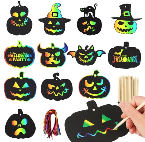 BETESSIN 48pz Scratch Art Halloween Bambini Carta Gratta e Vinci Zucca Carta da Grattare Arcobaleno con Penne in bambù e Nastro da Appendere Regalo Halloween DIY