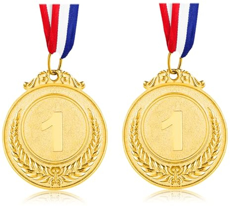 Udewo 2 Pack Metal Olympic Gold Medal with Ribbon for Sports Day, Lockdown Activities - for Adults and Kids