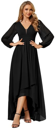 Ever-Pretty Vestido Dama Honor Mangas de Linterna High Low Cuello en V Gasa Plisado para Mujer Negro 52