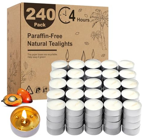 Unscented Tea Lights Candles 240 Pack, 4 Hours Long Burning,White Tea Candles Bulk, Bright Burn with Palm Wax,Smokeless Tealight Candles for Wedding,Centerpiece,Christmas Lights,Home Decorative