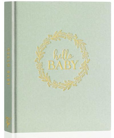 Lanpn Hello Baby Memory Book for Boy or Girl - Linen Cover First 5 Year Journal Scrapbook Photo Album - Newborn Milestone Keepsake for New Parents (Green, 154 Pages)