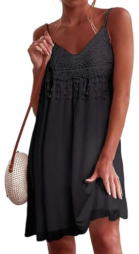 Zeagoo Ladies Summer Dress Boho Dresses Women's V-Neck Spaghetti Slip Sundress with Tassels Mini Dress Black XXL