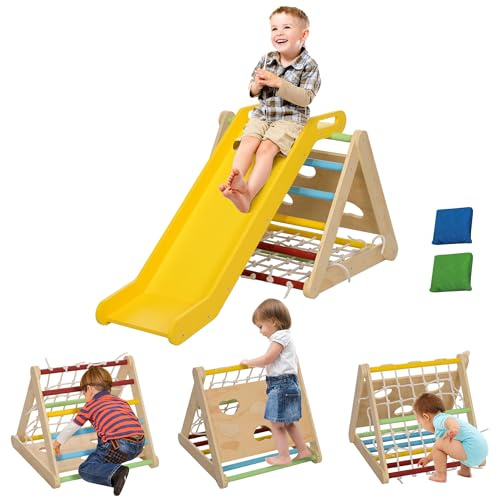 AIYAPLAY 5 en 1 Triangle d'escalade avec Toboggan Enfants, Parcours motricité bébé 18-48 Mois, Sacs de Sable et Filet d'escalade Inclus, Charge 50 kg, Multicolore