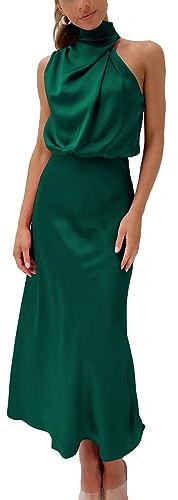 BDSCZW Dam elegant satinklänning ärmlös hög midja bröllop formell bröllopsgäst cocktailklänning, balklänningar, festklänning, midiklänningar, Mörkgrön, S