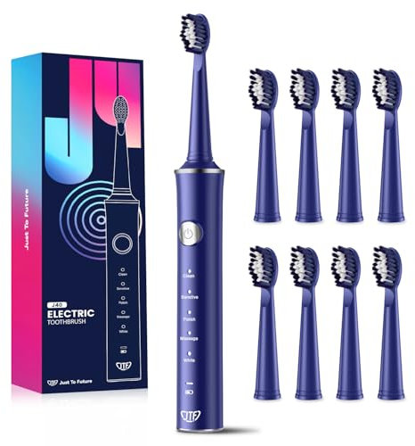 JTF Elektrische Zahnbürste, Schallzahnbürste mit 8 Bürstenköpfen, 5 Modi & Smart Memory, 2-Min-Timer, IPX7 Wasserdicht, Rechargeabilité, Schnellladung-3H, Erwachsene (Blau)