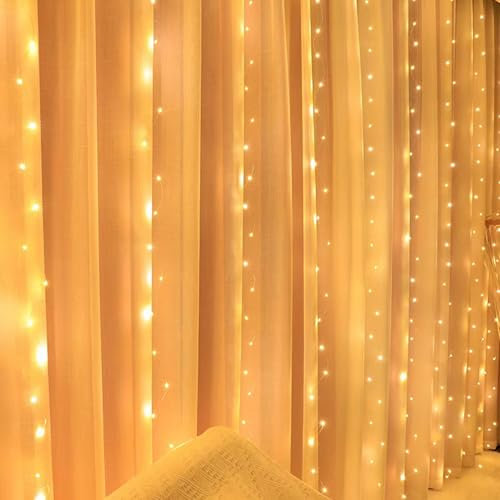 100LED Lichtervorhang Warmweiß, 3mx1m Lichterkettenvorhang USB 8 Modi LED Lichterkette mit 12 Haken Fernbedienung Timer verstellbare Helligkeit für Weihnachten Party Innen und außen Deko