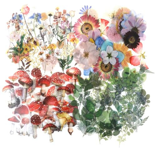 160PCS Natural Transparent Stickers, Flower Plant Mushroom Stickers for Scrapbooking Vintage Forest Clear Sticker PET Self-Adhesive Plant Floral Sticker Artsy Washi for Journaling Scrapbooking