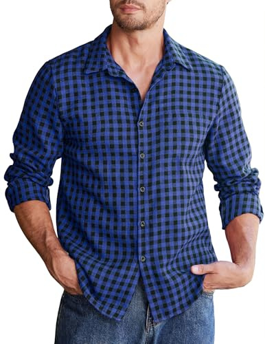COOFANDY Rutig skjorta för män, långärmad bomullsfanellskjorta, normal passform, rutig skjorta, fritidsskjorta, flanell, traditionella skjortor för män, button down-arbetsskjorta, Svart - blå, L