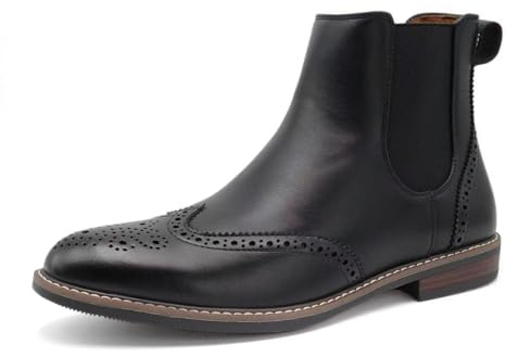 Finishing & Sewing Men's Chelsea Boots, Brogue Wingtip Ankle Boots, Brown Leather, Elastic Insert