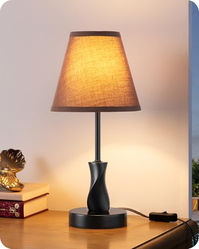 EDISHINE Bedroom Table Lamp, Modern Bedside Lamp with Brown Fabric Linen Shade, Solid Wood Base, Small Lamps for Living Room Office, E27 2700K Bulb Included