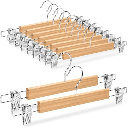 ​​10 Grucce Pantaloni Legno Naturale con Clips Regolabili & Gancio 360°, Appendiabiti Antiscivolo Professionali Robusti, ​Gruccia Gonne Liscio Resistente per Pantaloncini Calzino Biancheria (33cm)​