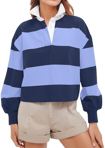 JEIBKOUY Womens Striped Color Block Polo Sweatshirt Y2k Long Sleeve Lapel Collar Rugby Shirt Button V Neck Pullover Crop Tops Blue