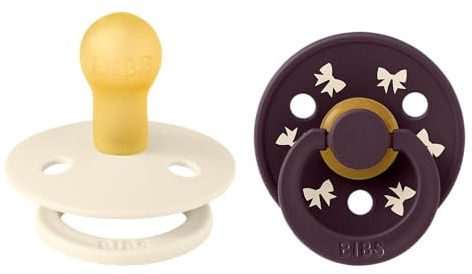 BIBS Colour Holiday Soother 2-Pack, BPA Free Dummy Pacifier, Round Nipple. Natural Rubber Latex, Made in Denmark, Size 1 (0-6 Months), Ivory/Plum