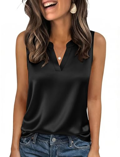 Zeagoo Camiseta sin Manga Mujer de Satén Chaleco Verano Cuello en V Tops | Elegante Camisole Shirt Básica Tank Top Casual Color Sólido Camisa