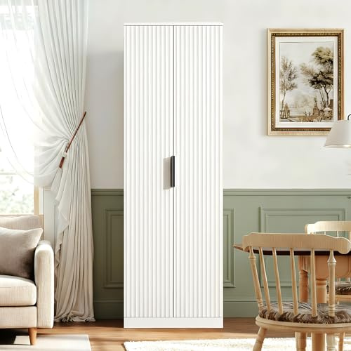 VINGLI 70 Modern Pantry Cabinet,Tall Storage Cabinet with Fluted Doors and Adjustable Shelves for Dining Room, Kitchen, Office, and More in White