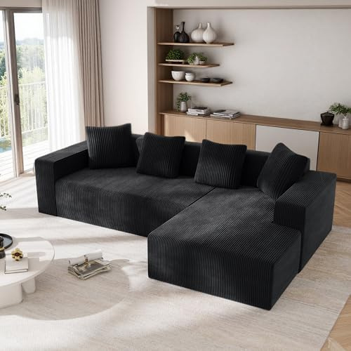 Sapgaks Sofá desmontado completamente comprimido, sofá de esquina con chaise longue en forma de L, Gran sofá de 3 plazas 261 cm, Profundidad del asiento 70 cm, Terciopelo acanalado, Sin necesidad de