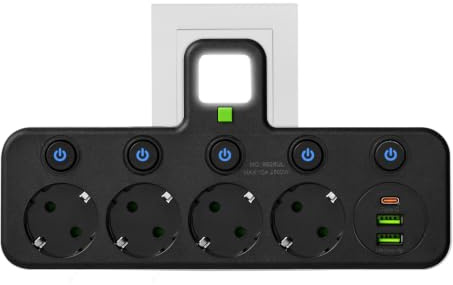 8 en 1 Ladrón Enchufes con Interruptor Independiente,Luz Nocturna,Ladron Enchufe Plano USB C, Enchufe Multiple 2500W con 4 Tomas de CA, Regleta Pared para Oficina, Cocina,Negro