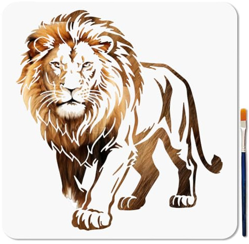MAYJOYDIY Lion Painting Stencils Animal Theme Drawing Template 30x30cm | Reusable Walking Lion Stencil, With Paint Brush, PET Hollow Drawing Template, For Wood Wall Furniture Window Home Decoration
