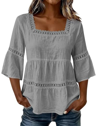 Blusa de cuello cuadrado para mujer, manga acampanada de 3/4, peplum, encaje de ganchillo, camisa tipo babydoll, casual, holgada, túnica de verano, gris, M