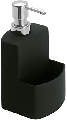 WENKO Spülmittelspender Festival, Seifenspender für die Küche, hochwertige Keramik mit Soft-Touch Oberfläche, mit extra Fach für den Spülschwamm, Fassungsvermögen 380 ml, 10 x 18 x 10 cm, Schwarz