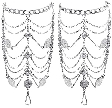 EQLEF Fußkettchen boho Vintage Knöchel Armbänder für Frauen Goldene Münze Segen Symbol Strand Knöchel Quaste Fuß Ketten 2-teilig (Silber)