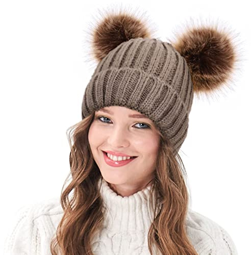 Arctic Paw Bonnet d'hiver en tricot torsadé pour femme - Fausse fourrure - Oreilles à pompons - Beige - Taille unique, Taille unique